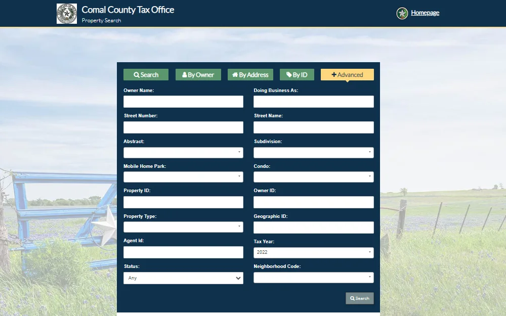 A screenshot of the advanced property search tool provided by the Comal County Tax Office that is searchable by entering the owner's name, property address, property ID, owner ID, property type, tax year, and other information.
