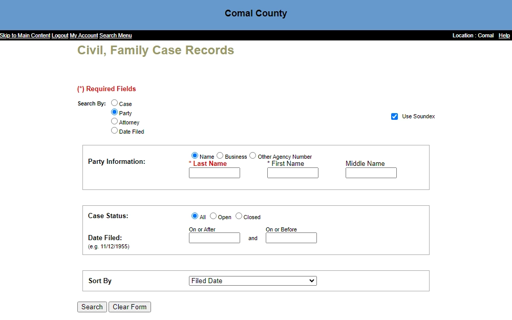 A screenshot of the Civil, Family Case Records search portal requiring the party information and other optional information such as the case status and the date the case was filed to locate a case.