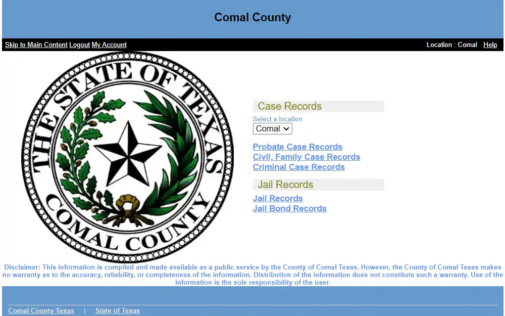 A screenshot showing the Case and Jail Records Inquiry tools available in Comal County, Texas, like the probate, civil, family, and criminal case records search tools.