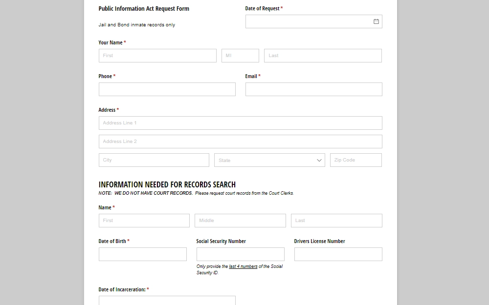 A screenshot of the online Public Information Request Form provided by the Comal County Criminal Records/Jail Division that must be completed by entering the following information: requester's name, phone number, email, address, inmate's name, DOB, and other information. 