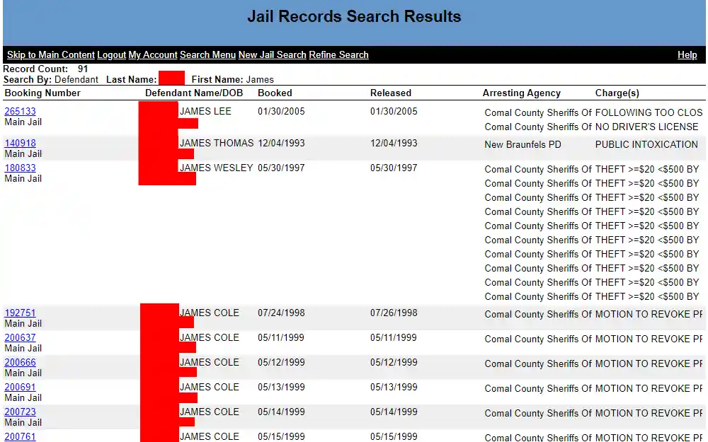A screenshot of a sample case list matching the search made in the Jail Record search tool provided by Comal County displaying each case's booking number, defendant name, DOB, booking date, released date, arresting agency, charges, and a link routed to more information.