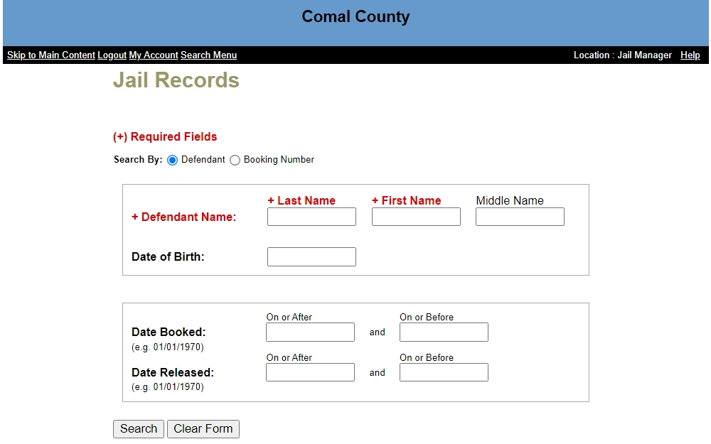 A screenshot of the Jail Records search tool for Comal County that is searchable by providing the defendant's last, first, and middle name, DOB, booking date, and release date.