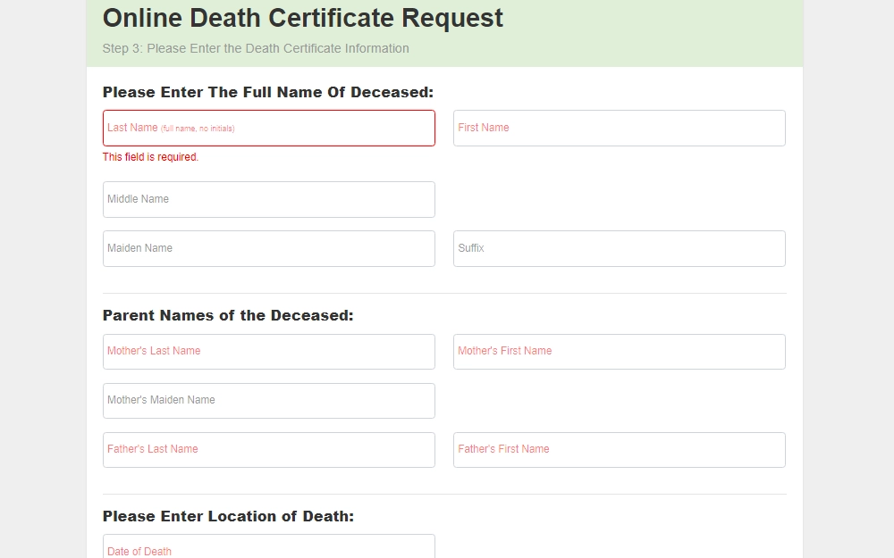 A screenshot outlining step 3 of the Online Death Certificate Request form provided by the Comal County Clerk's Office, which requires the following information: full name of the deceased, parent name of the deceased, location of death, and other information.