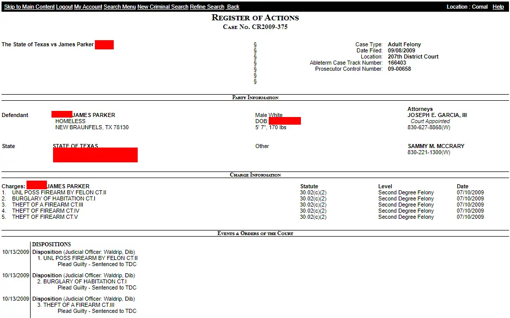 A screenshot of a sample criminal case record showing the defendant's personal information, charge information, events and orders of the court, and other details.