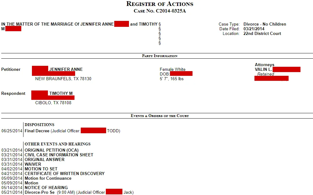Screenshot of the register of actions of a divorce case with no children in Comal County, showing case details, party information, and events and orders of the court which includes the dates and corresponding disposition.
