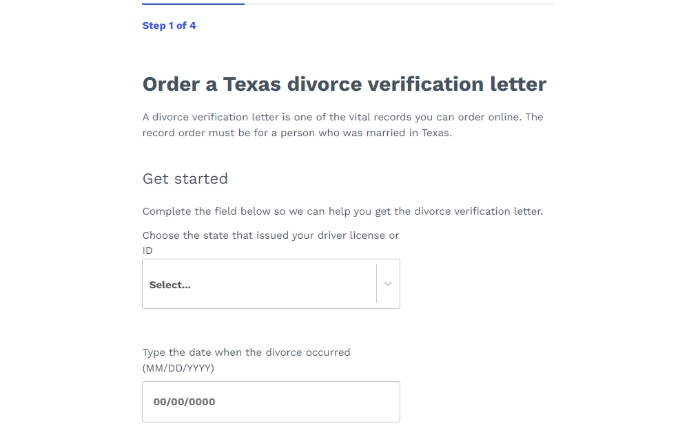 Screenshot of the online order form for letter of verification for divorce provided by the Texas Department of State Health and Human Services, with drop downs for state of ID issuance and divorce date for the first step.