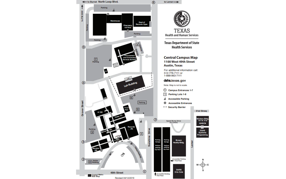 Screenshot from the Texas Department of State Health and Human Services displaying the central campus map with legends, featuring the address and contact information of the campus.