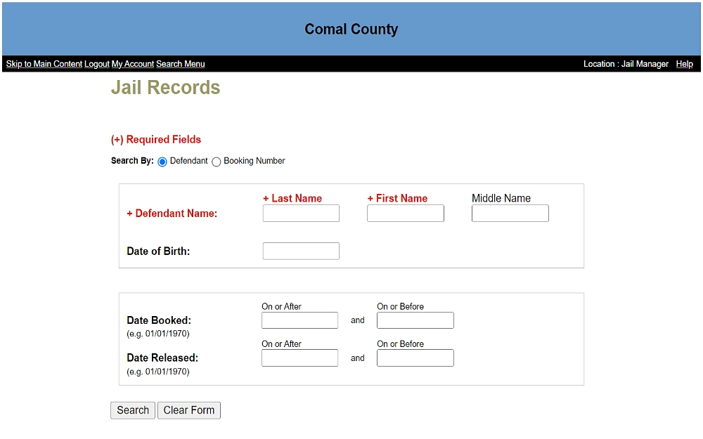 A screenshot shows a Comal County jail records search with options to search by defendant name or booking number, requiring the defendant's last and first name and other search filters such as middle name and date of birth.