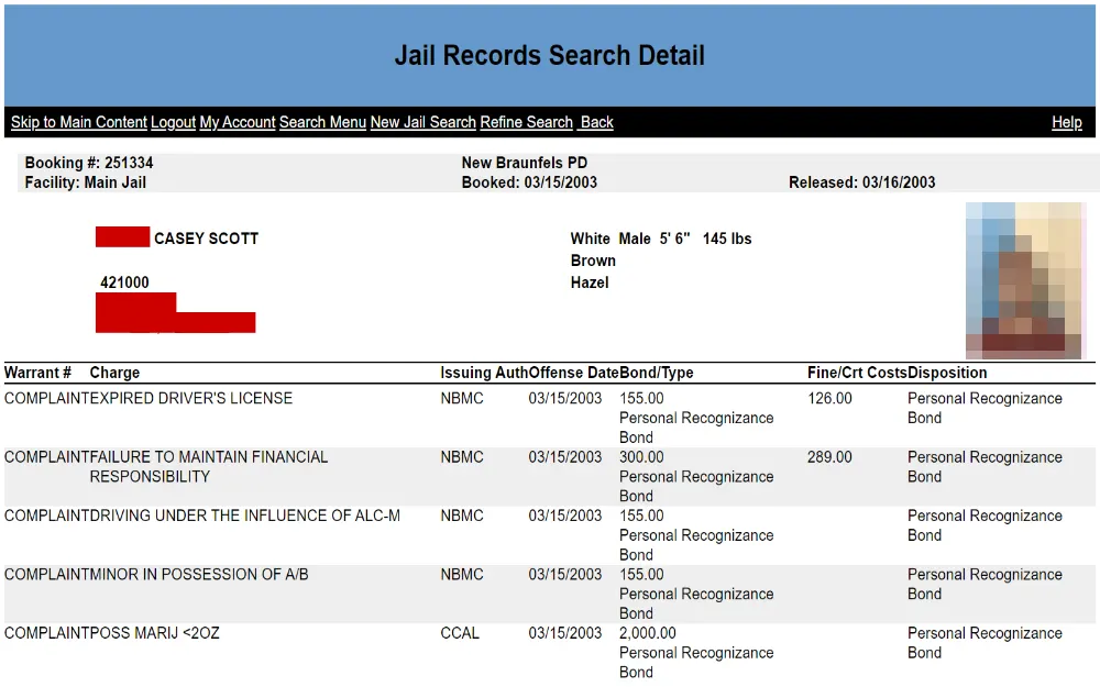 A screenshot displaying a jail records search detail includes name, address, birth date, race, weight, height, warrant number, charge, issuing date, bond or type, and fine costs disposition.