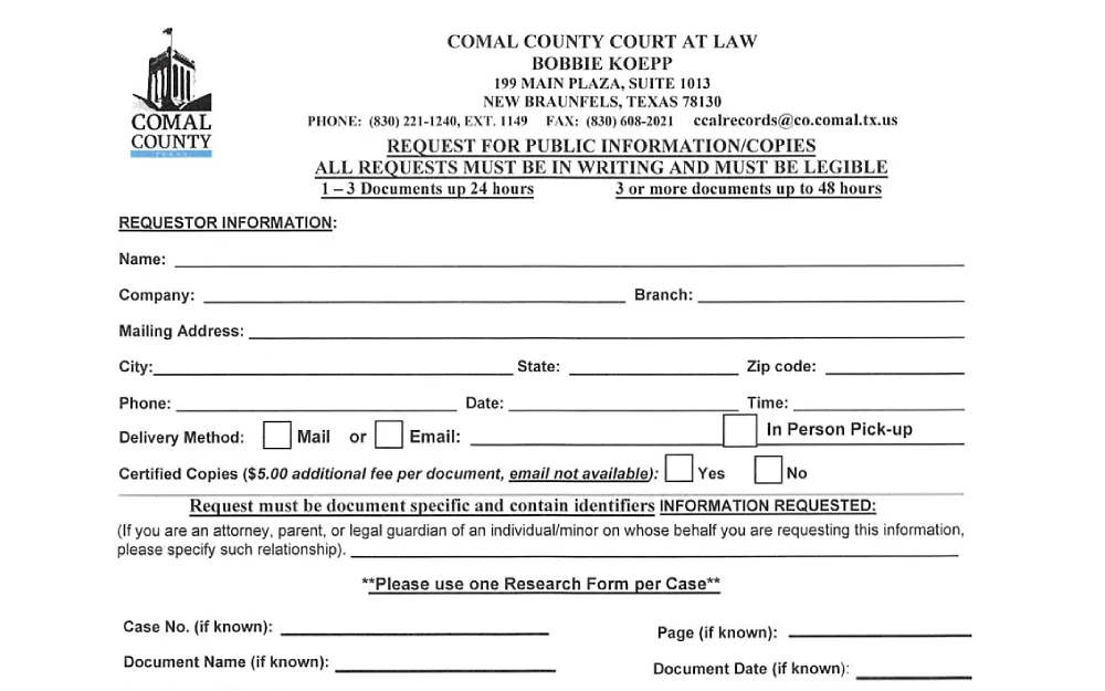 A screenshot showing public information or copies request online form needs to be filled out with information such as requestor's name or company name, mailing address with city, state and zip code, phone number, date and checking tick box for delivery method.