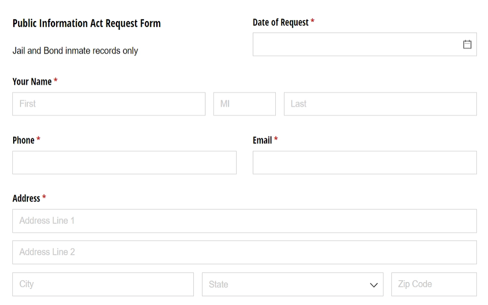 A screenshot showing a Public Information Act request form from the Comal County Criminal Records/Jail Division with details to be filled in, such as name, phone number, date of request, email address and complete address, including the city, state and ZIP code.