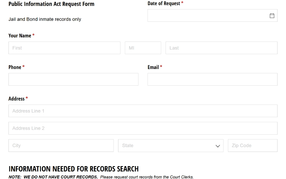 A screenshot of the online Public Information Request Form provided by the Comal County Criminal Records/Jail Division that must be completed by entering the following information: requester's name, phone number, email, address, inmate's name, DOB, and other information.