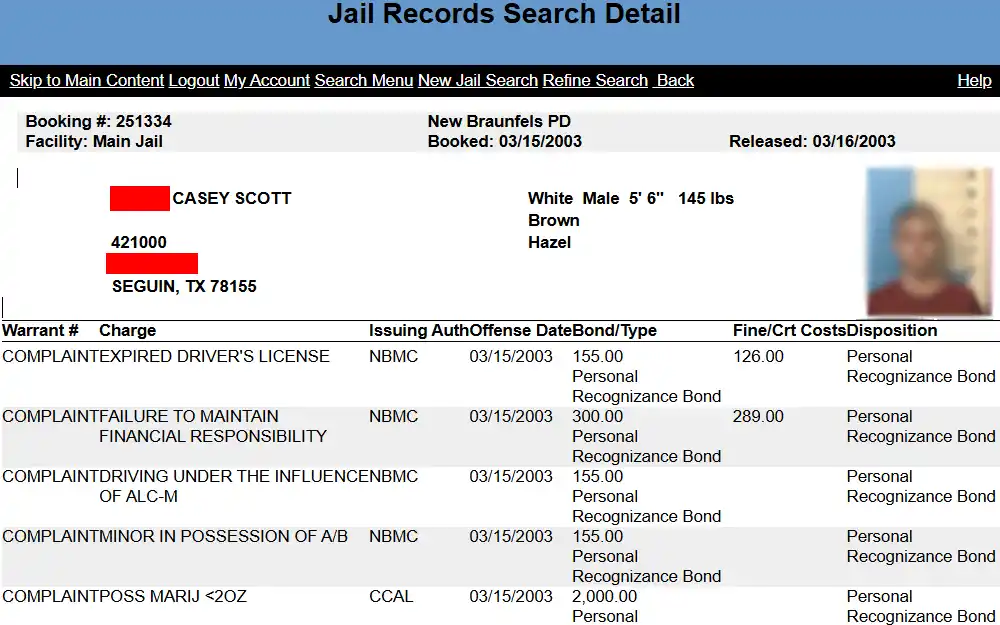 A screenshot of a sample jail record of an individual, provided by the Comal County Sheriff's Office, with the following information: mugshot, full name, booking information, charges days, and others.