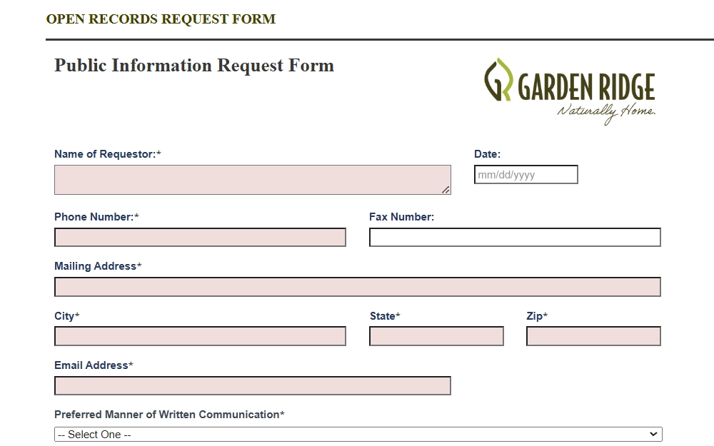 A screenshot of a Public Information Request form from Garden Ridge, Texas, where the requester must provide the following information: the requestor's name, phone number, fax number, mailing address, and more.