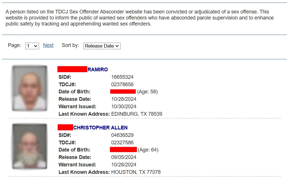 A screenshot of the TDCJ's Sex Offender Absconder database listing all absconders, each with their name, mugshot, SID and TDCJ number, date of birth, release date, warrant issued, and last known address.