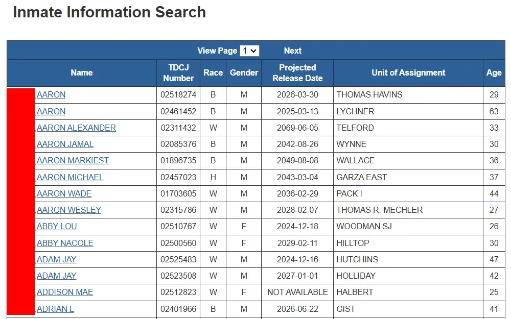 A screenshot of the TDCJ's sample inmate information search results displaying each matching profile's name, TDCJ number, race, gender, projected release date, unit of assignment, and age.